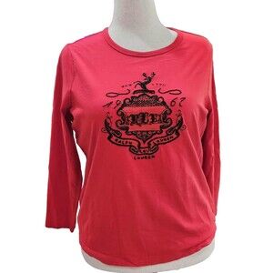 LRL Lauren Ralph Lauren Size 1X Red Holiday Reindeer Beaded Old Money Shirt